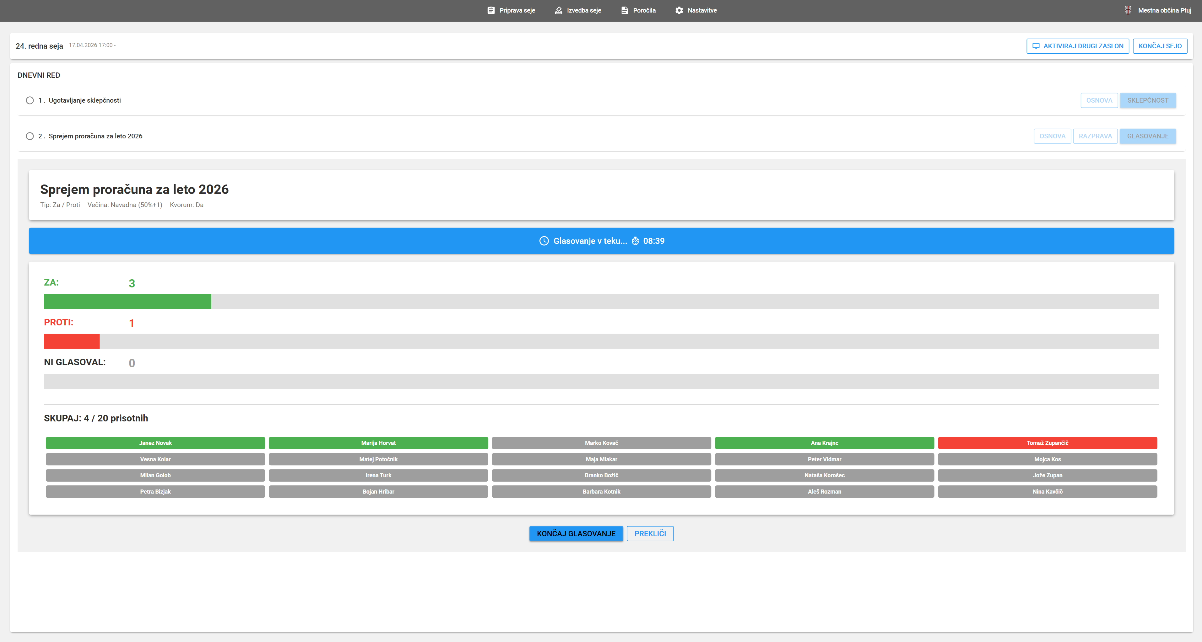 Glasovalni sistem - administratorski vmesnik za vodenje in pripravo seje