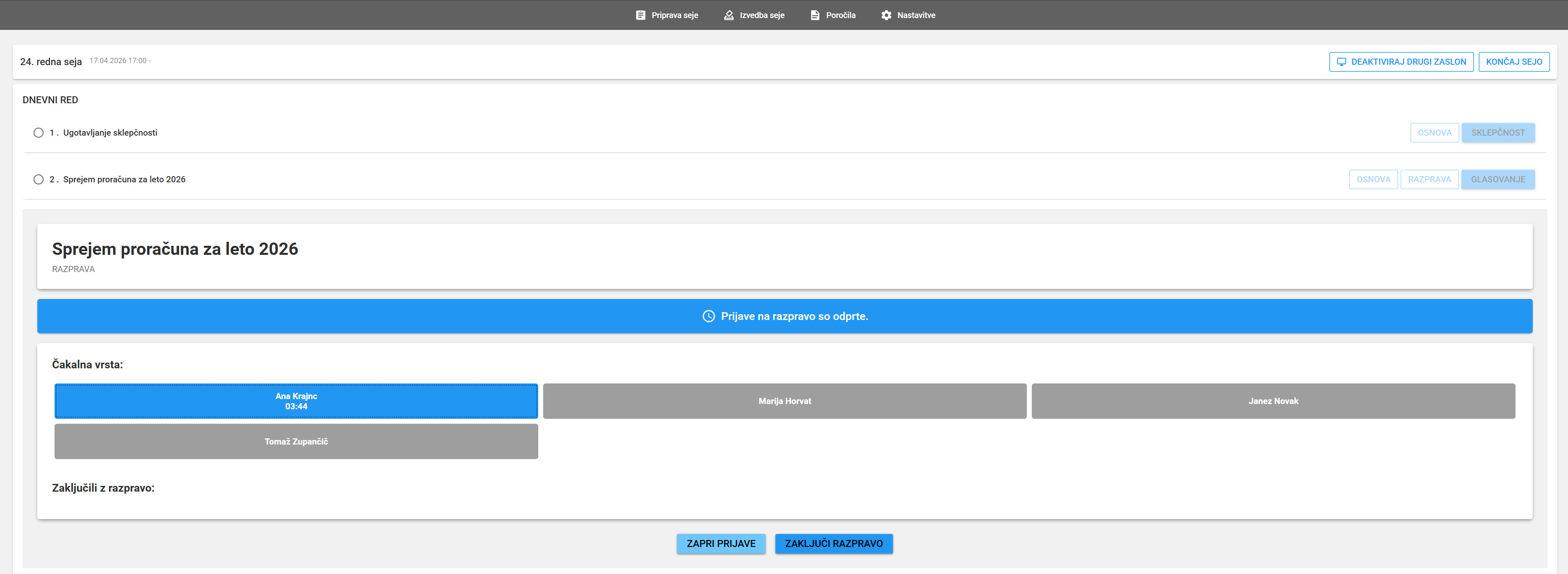 Glasovalni sistem za mestne občine - čakalna vrsta svetnikov in odštevanje časa